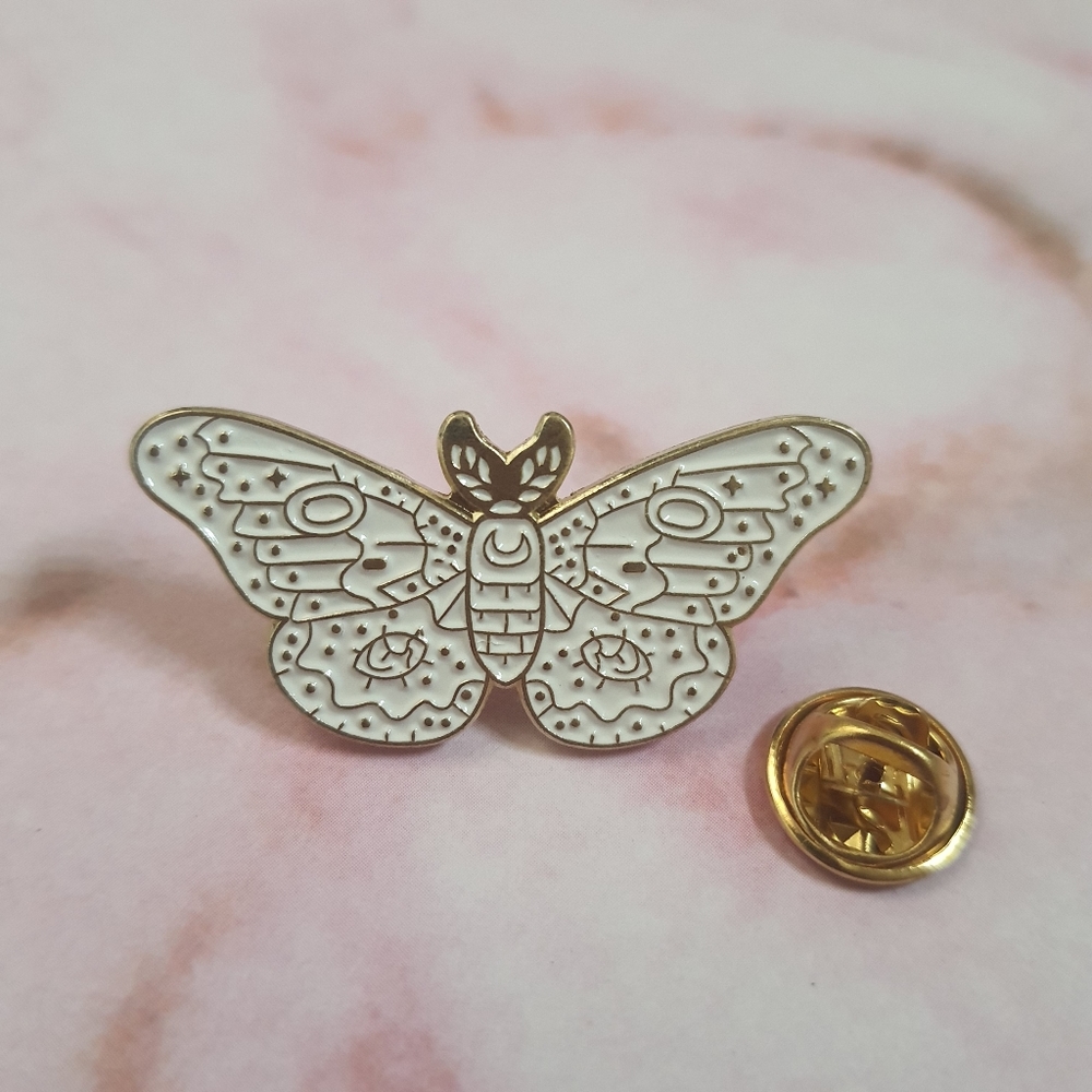 White Moth and Moon Enamel Pin